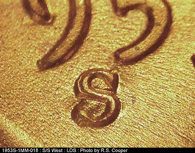 Die-stage C marker on 1953S•1MM•018 (1953 Repunched Mint Mark).