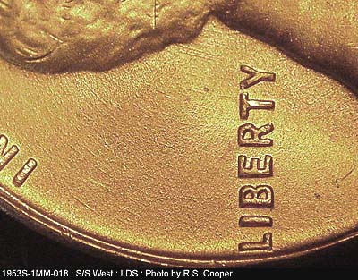 Die-stage C marker on 1953S•1MM•018 (1953 Repunched Mint Mark).