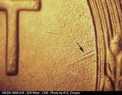 Die-stage C marker on 1953S•1MM•018 (1953 Repunched Mint Mark).