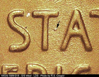 Die-stage C marker on 1953S•1MM•018 (1953 Repunched Mint Mark).