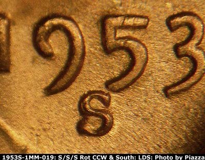Die-stage C marker on 1953S•1MM•019 (1953 Repunched Mint Mark).