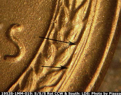 Die-stage C marker on 1953S•1MM•019 (1953 Repunched Mint Mark).