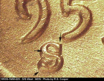 1953 Lincoln cent obverse, CopperCoins die 1953S•1MM•020.