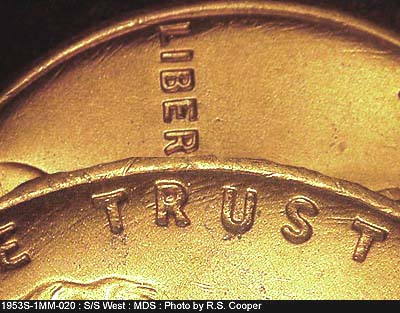 Die-stage B marker on 1953S•1MM•020 (1953 Repunched Mint Mark).
