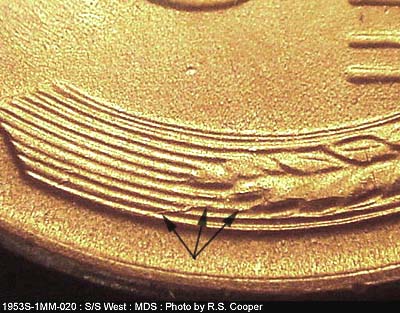 Die-stage B marker on 1953S•1MM•020 (1953 Repunched Mint Mark).