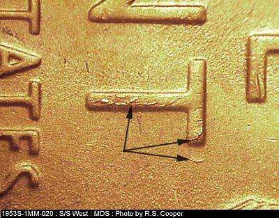Die-stage B marker on 1953S•1MM•020 (1953 Repunched Mint Mark).