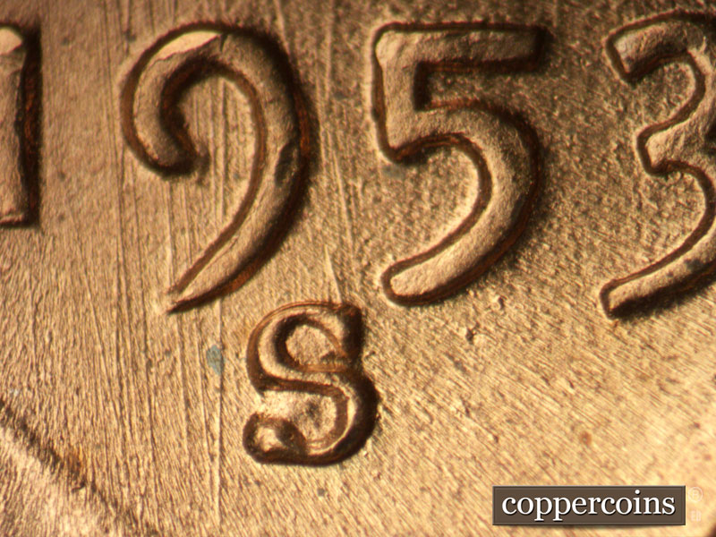 1953 Lincoln cent obverse, CopperCoins die 1953S•1MM•021.