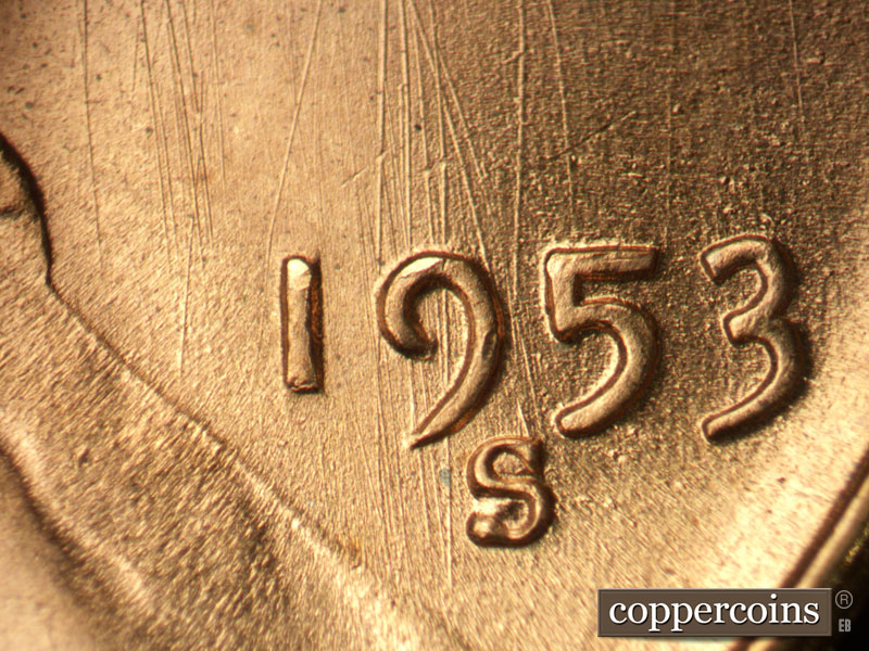 Die-stage B marker on 1953S•1MM•021 (1953 Repunched Mint Mark).