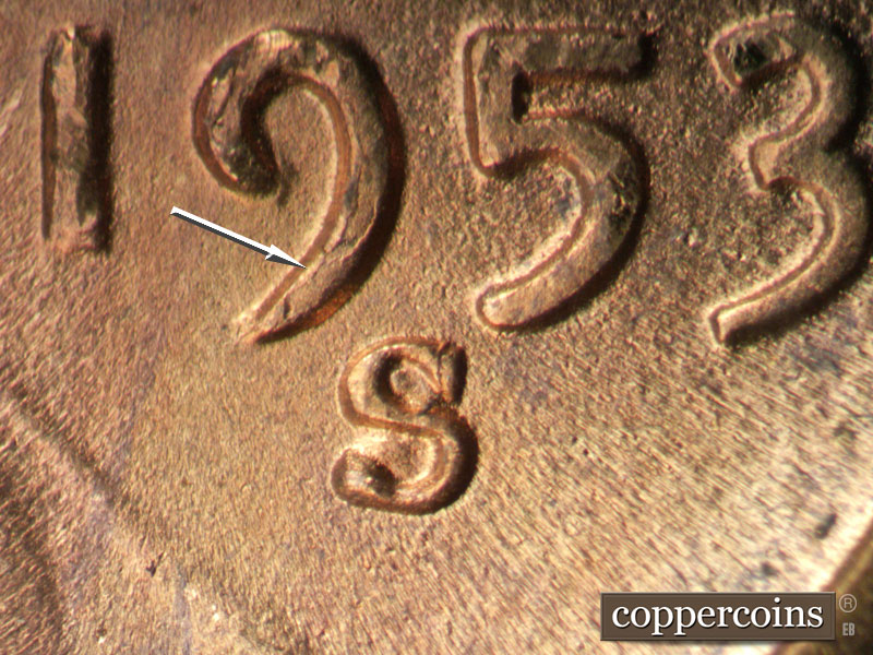 Die-stage C marker on 1953S•1MM•024 (1953 Repunched Mint Mark).