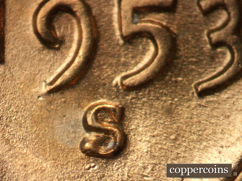 1953 Lincoln cent obverse, CopperCoins die 1953S•1MM•026.