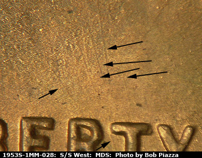 Die-stage B marker on 1953S•1MM•028 (1953 Repunched Mint Mark).