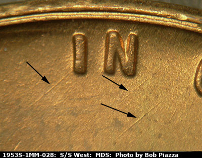 Die-stage B marker on 1953S•1MM•028 (1953 Repunched Mint Mark).