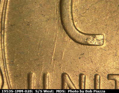 Die-stage B marker on 1953S•1MM•028 (1953 Repunched Mint Mark).