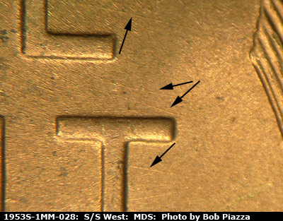 Die-stage B marker on 1953S•1MM•028 (1953 Repunched Mint Mark).