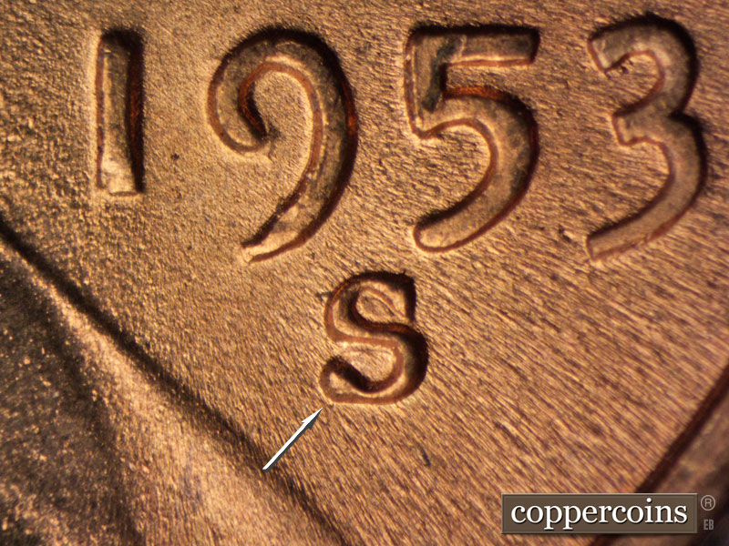 1953 Lincoln cent obverse, CopperCoins die 1953S•1MM•031.