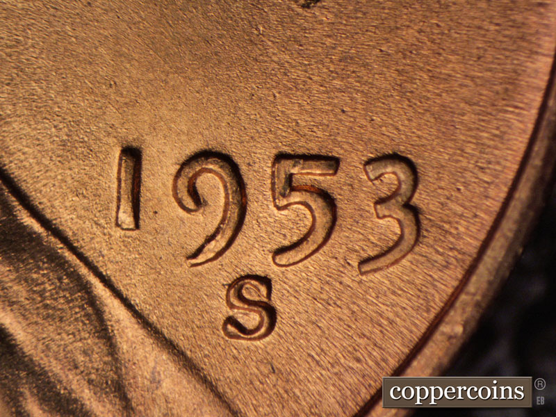 Die-stage B marker on 1953S•1MM•031 (1953 Repunched Mint Mark).