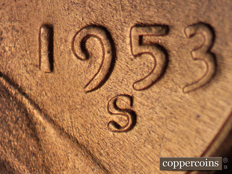 1953 Lincoln cent obverse, CopperCoins die 1953S•1MM•032.