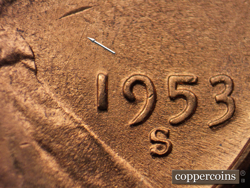 Die-stage B marker on 1953S•1MM•032 (1953 Repunched Mint Mark).
