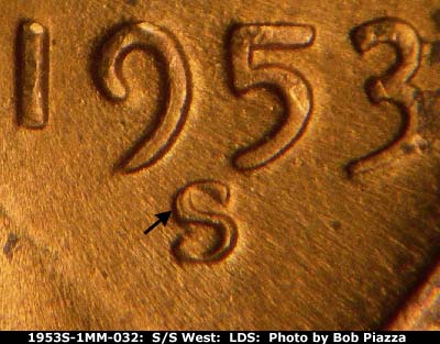 Die-stage C marker on 1953S•1MM•032 (1953 Repunched Mint Mark).