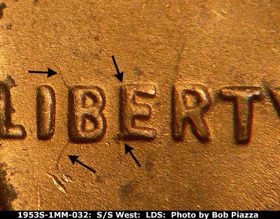 Die-stage C marker on 1953S•1MM•032 (1953 Repunched Mint Mark).