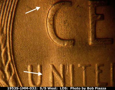 Die-stage C marker on 1953S•1MM•032 (1953 Repunched Mint Mark).