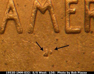 Die-stage C marker on 1953S•1MM•032 (1953 Repunched Mint Mark).