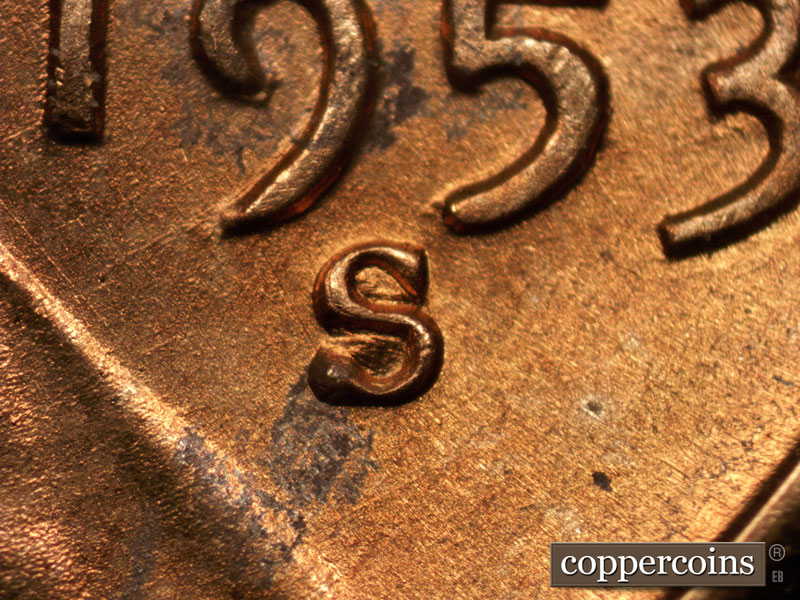 Die-stage A marker on 1953S•1MM•033 (1953 Repunched Mint Mark).