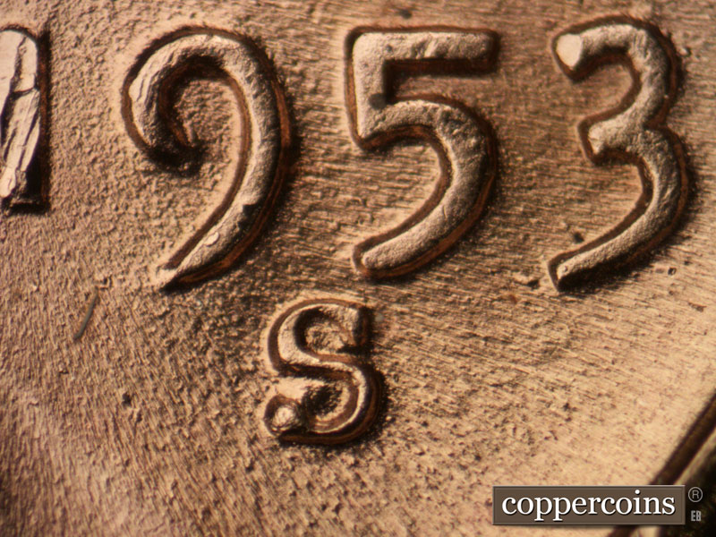 1953 Lincoln cent obverse, CopperCoins die 1953S•1MM•040.