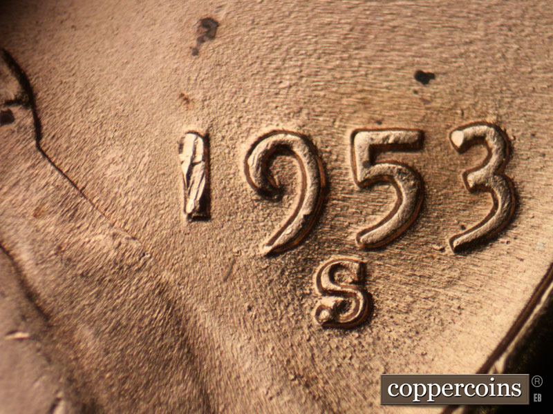Die-stage B marker on 1953S•1MM•040 (1953 Repunched Mint Mark).