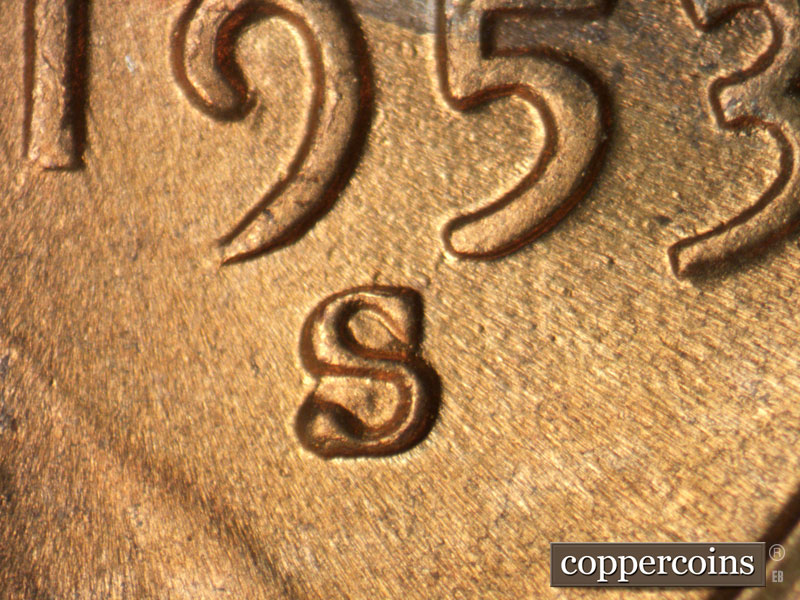 1953 Lincoln cent obverse, CopperCoins die 1953S•1MM•043.