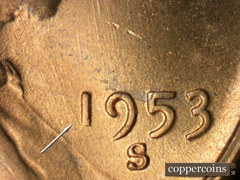 Die-stage B marker on 1953S•1MM•043 (1953 Repunched Mint Mark).