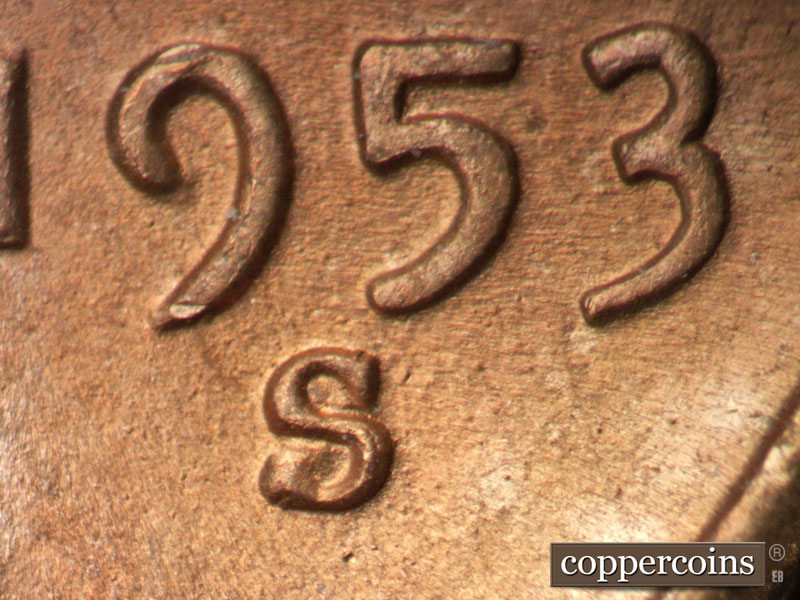 1953 Lincoln cent obverse, CopperCoins die 1953S•1MM•045.