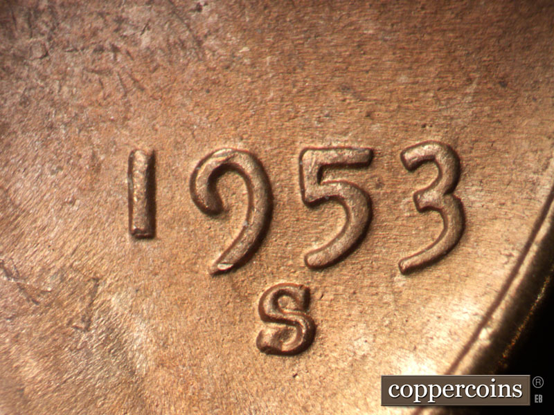 Die-stage B marker on 1953S•1MM•045 (1953 Repunched Mint Mark).