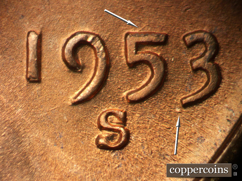 1953 Lincoln cent obverse, CopperCoins die 1953S•1MM•046.