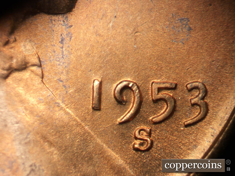 Die-stage B marker on 1953S•1MM•046 (1953 Repunched Mint Mark).