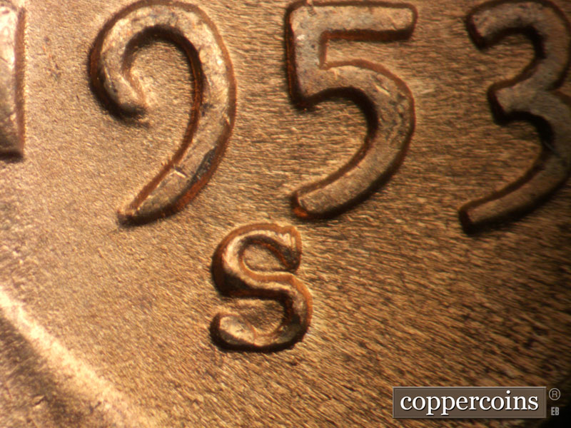 1953 Lincoln cent obverse, CopperCoins die 1953S•1MM•047.