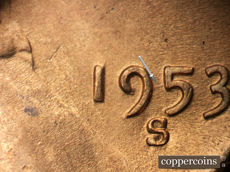 Die-stage B marker on 1953S•1MM•047 (1953 Repunched Mint Mark).
