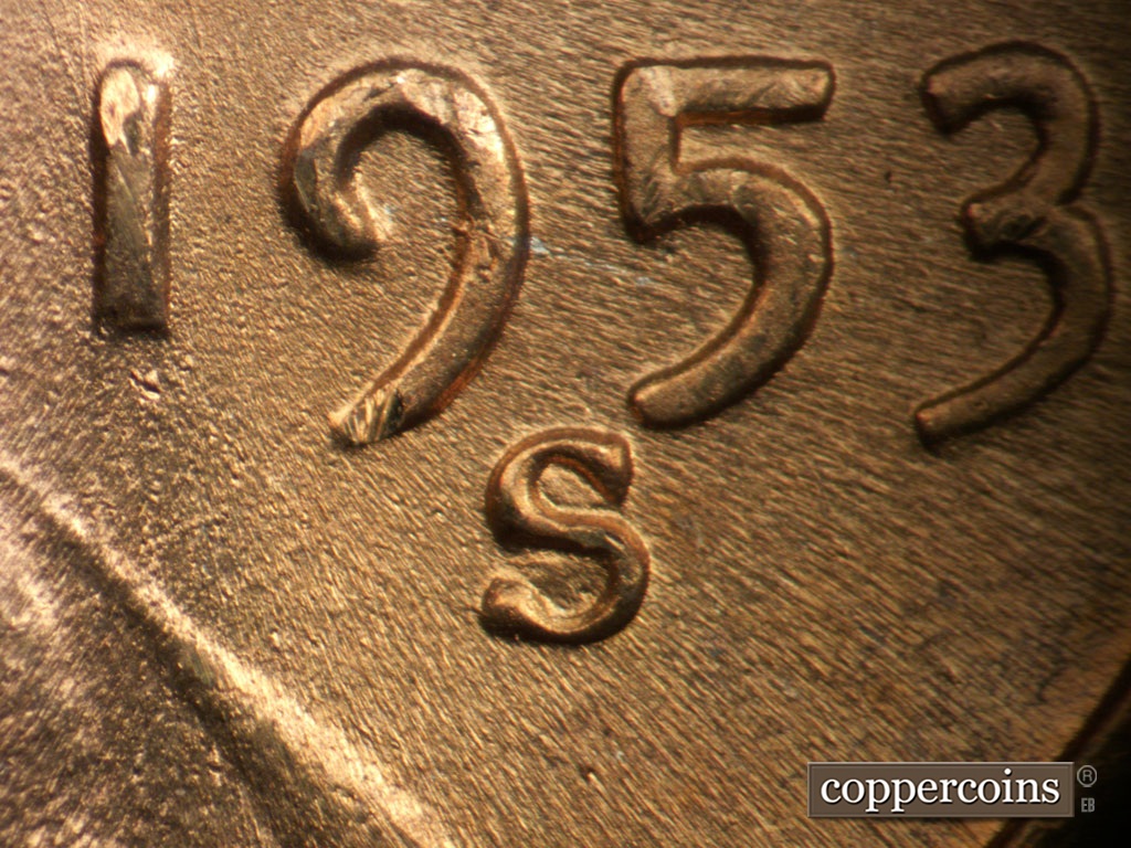 Die-stage B marker on 1953S•1MM•049 showing Closeup of repunched mint marm k.