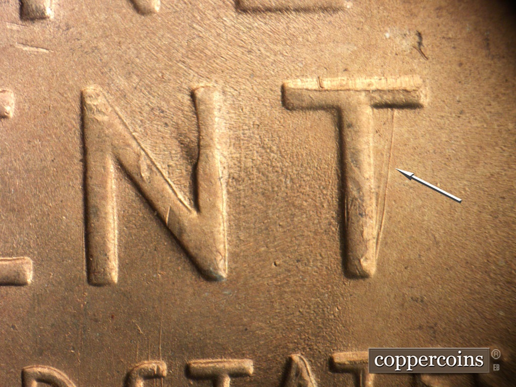 Die-stage B marker on 1953S•1MM•049 showing NNE die scratch conncts the bottom to top of T n CENT.