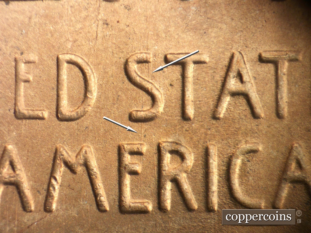 Die-stage B marker on 1953S•1MM•049 showing N/S die scratches through first S in STATES.