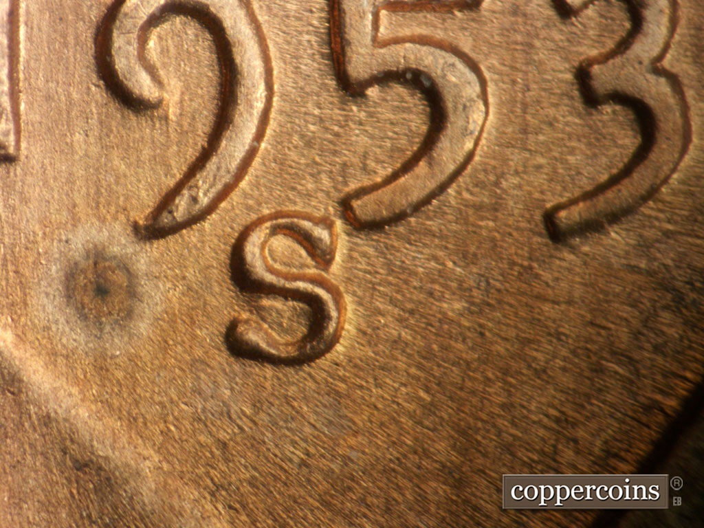 Die-stage B marker on 1953S•1MM•050 showing Closeup of repunched mint mark. Die chipping on bottom of 9 in date.