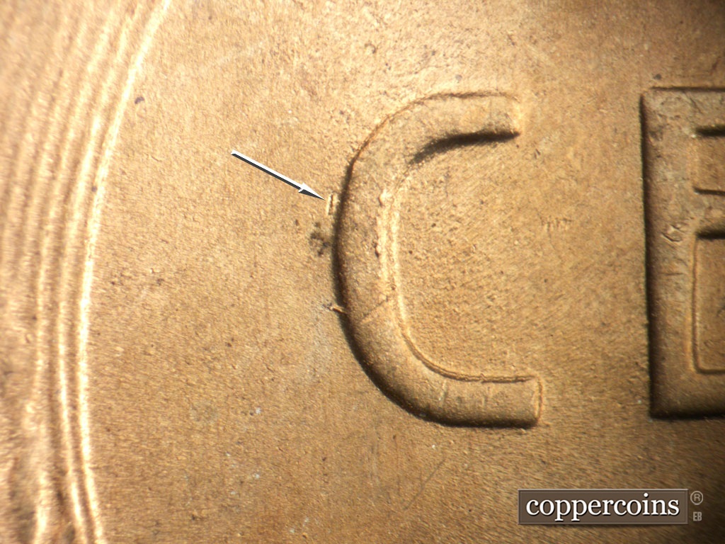 Die-stage B marker on 1953S•1MM•050 showing Die gouge near C in CENT.