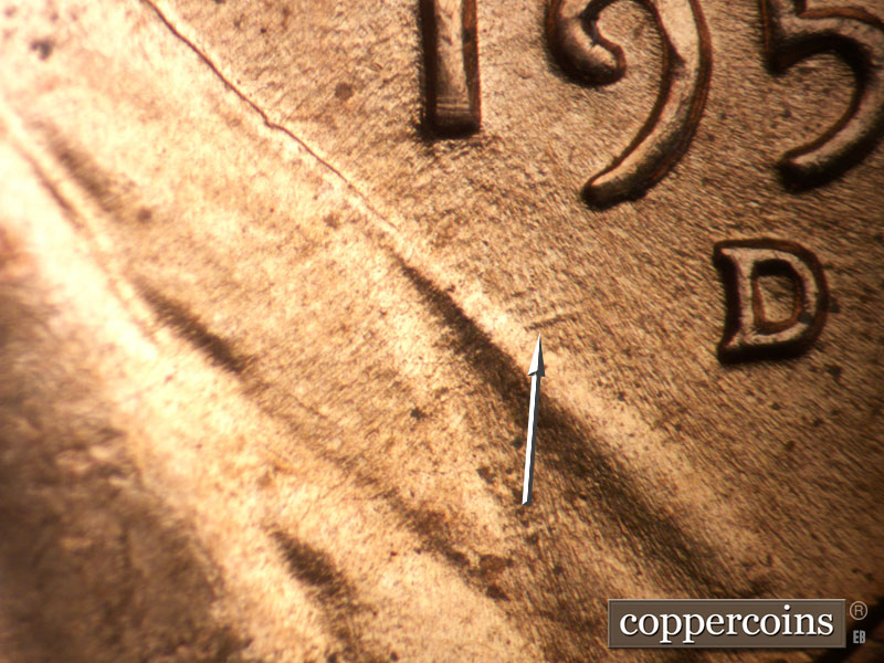 Die-stage B marker on 1954D•1DO•006 (1954 Doubled Die Obverse).