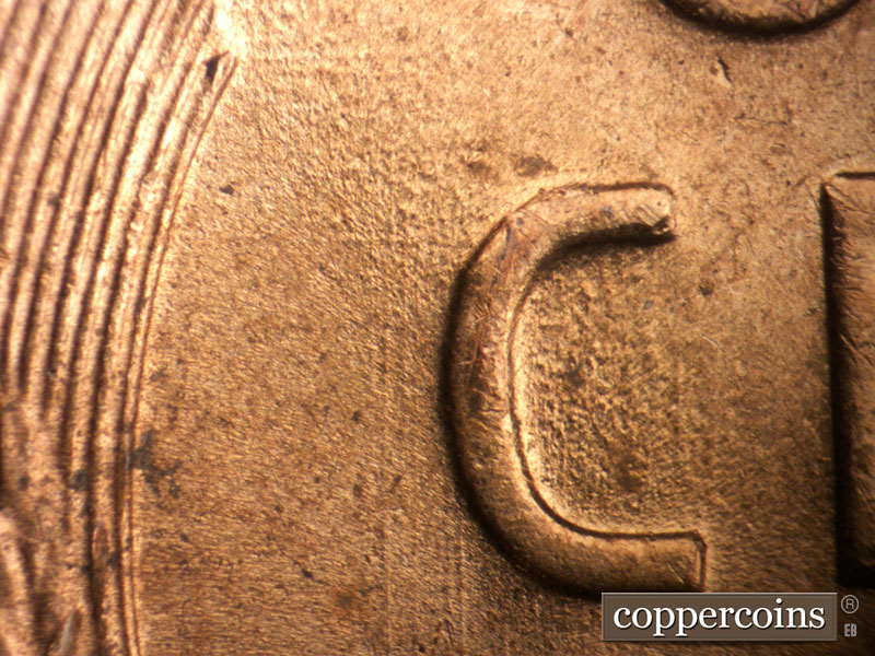 Die-stage B marker on 1954D•1DO•006 (1954 Doubled Die Obverse).