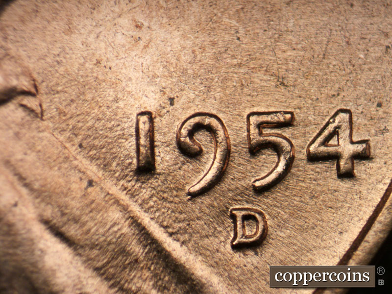 Die-stage B marker on 1954D•1DR•001 (1954 Doubled Die Reverse).