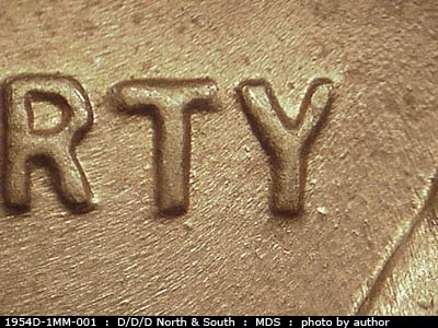 Die-stage B marker on 1954D•1MM•001 (1954 Repunched Mint Mark).
