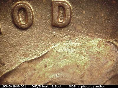Die-stage B marker on 1954D•1MM•001 (1954 Repunched Mint Mark).