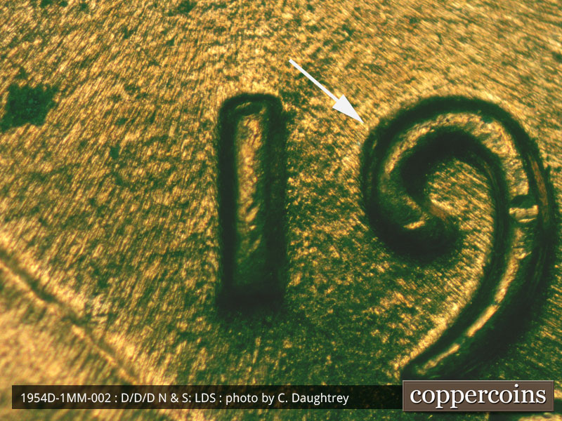 Die-stage C marker on 1954D•1MM•002 (1954 Repunched Mint Mark).