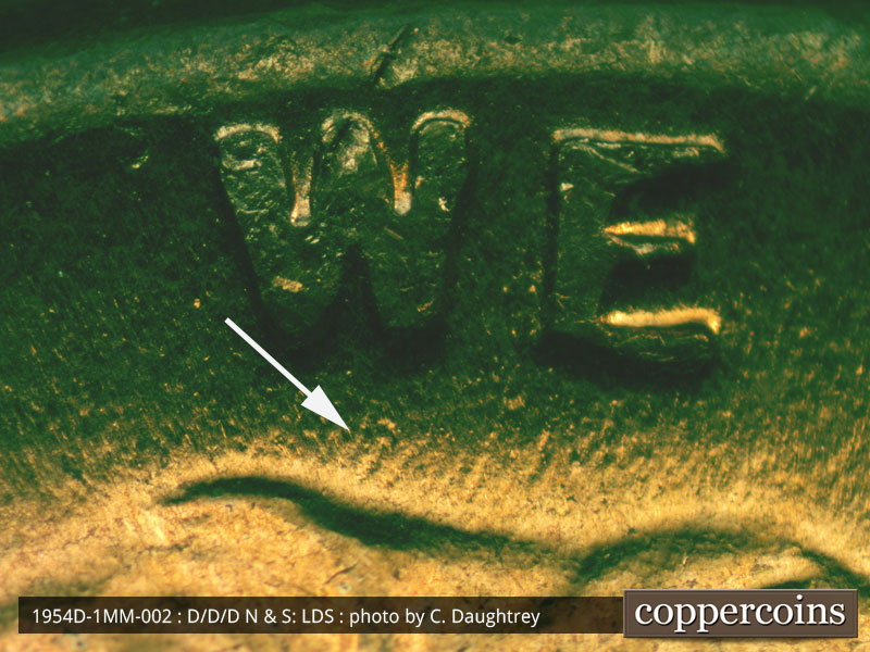 Die-stage C marker on 1954D•1MM•002 (1954 Repunched Mint Mark).