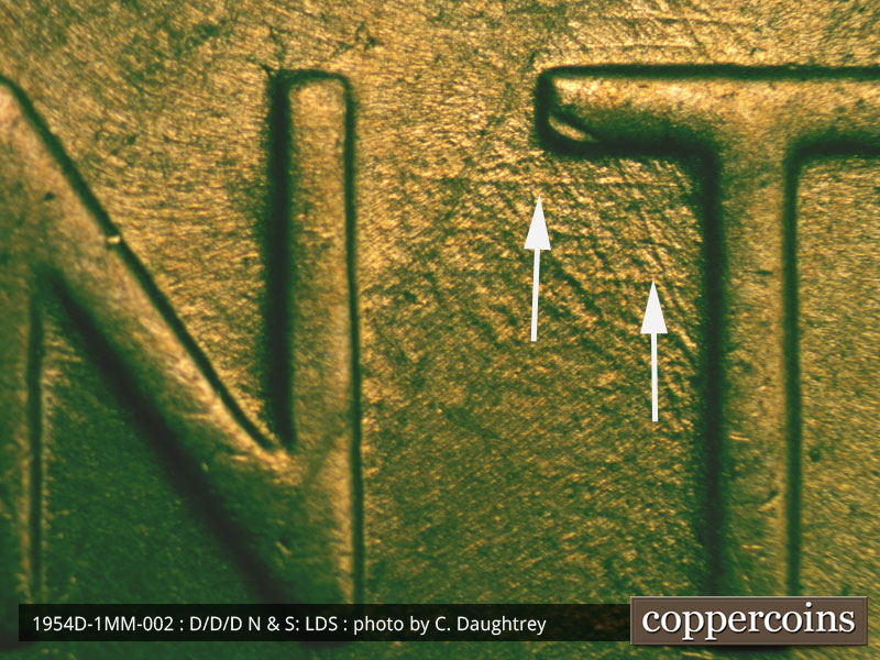 Die-stage C marker on 1954D•1MM•002 (1954 Repunched Mint Mark).